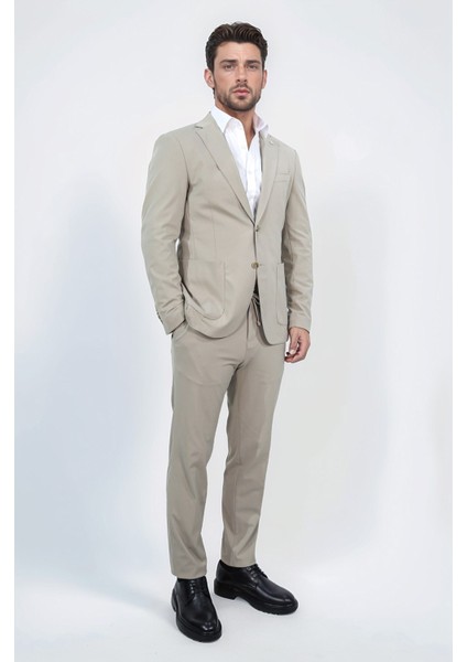 Comfort Fit Bi-Strech Hafif Dokulu Bej Astarsız Tek Ceket