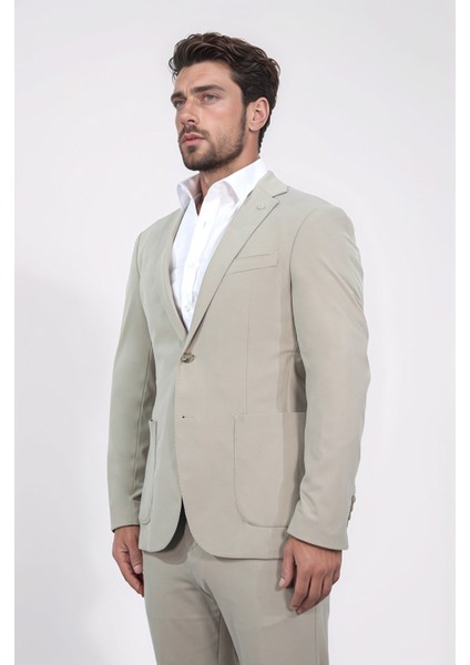 Comfort Fit Bi-Strech Hafif Dokulu Bej Astarsız Tek Ceket indirimleri