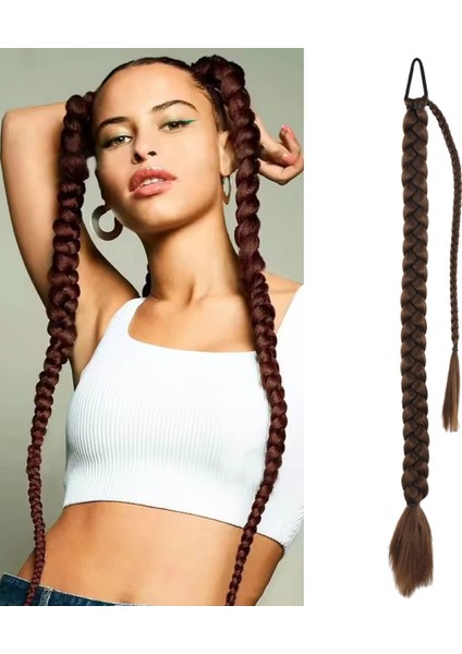 Üçlü Örgülü Tokalı Bağlamalı At Kuyruğu - Açık Kahve