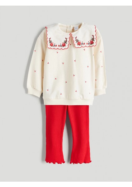 Lcw Baby Ekru Bebe Yaka Kız Bebek Sweatshirt ve Tayt 2'li