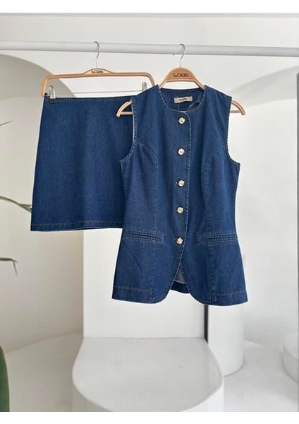 Kolsuz Yelekli Mini Etekli Denim Takım 10164