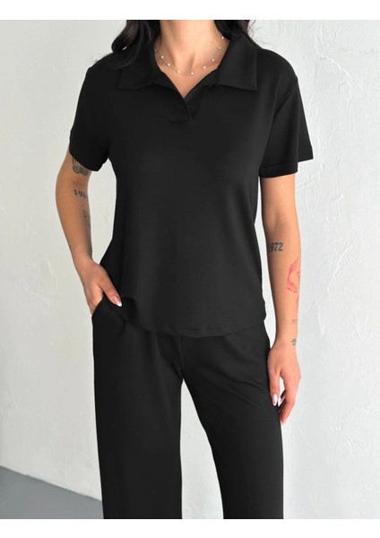 Osy Modal Yumuşak Dokulu Kumaş Kısa Kollu Yakalı T-Shirt Pantalon Ikili Takım- Siyah
