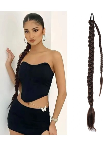 Üçlü Örgülü Tokalı Bağlamalı At Kuyruğu - Kahve Karamel