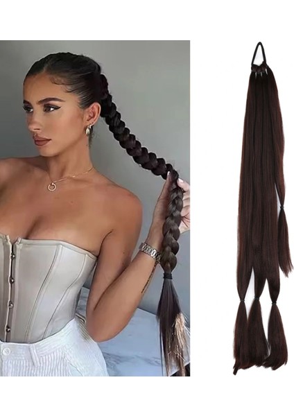 Üçlü Örgü Tokalı At Kuyruğu - Kahverengi