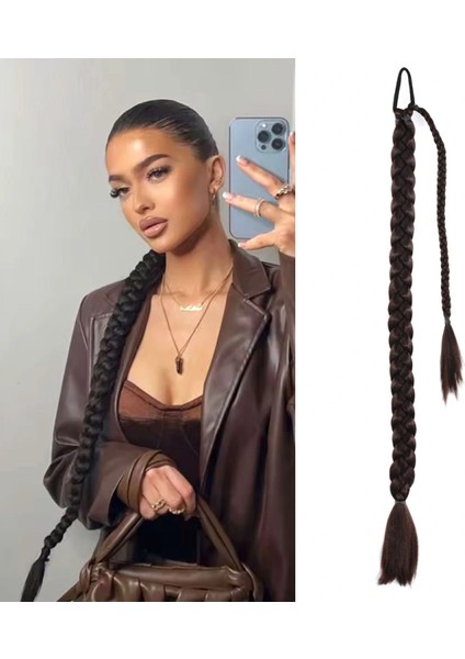 Üçlü Örgülü Tokalı Bağlamalı At Kuyruğu - Kahverengi