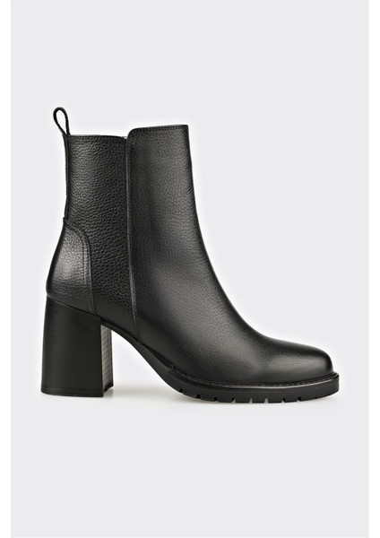 Siyah Deri Kadın Orta Topuk Bot