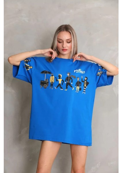 Unisex Bisiklet Yaka Baskılı Oversize T-Shirt - Mavi