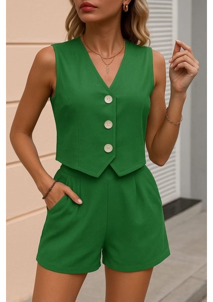 Kadın Kolsuz Askılı V Yakalı Önden Düğmeli Ithal Keten Ceket ve Short Ikili Takım