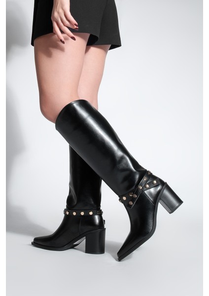 Kadın Sivri Burun Fermuarsız Çıkarılabilen Tokalı Troklu Zımbalı Topuklu Çizme Fuslep