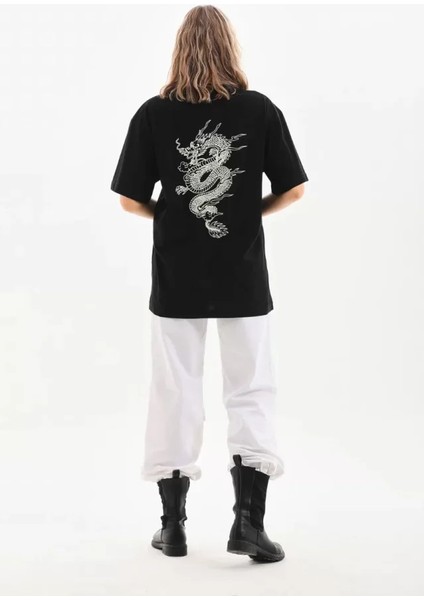 Unisex Baskılı Oversize T-Shirt - Siyah