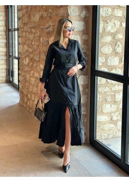 Kadın Uzun Kollu Eteği Fırfırlı Beli Kuşaklı Trikoton Tam Boy Gömlek Elbise modelleri