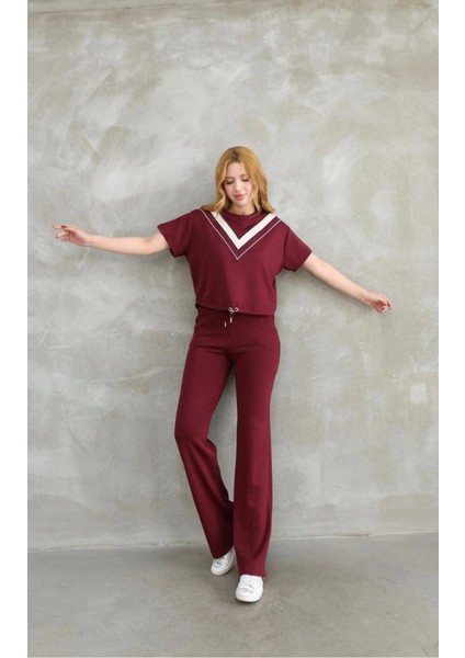 Osy Modal Yumuşak Dokulu Kumaş Bisiklet Yaka Parçalı Detaylı Kısa Kollu Takım - Bordo