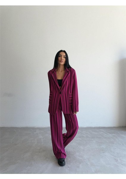 Aesco Ottoman Çizgili Ceket-Pantolon Tk - Fuşya