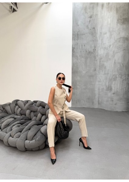 Aesco Ti̇na Asi̇metri̇k Keten Yelek Pantolon Takim