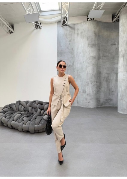 Aesco Ti̇na Asi̇metri̇k Keten Yelek Pantolon Takim modelleri