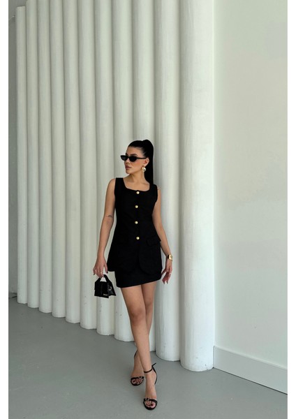 Aesco Jakar Keten Yelek - Kısa Etek Takım - Siyah