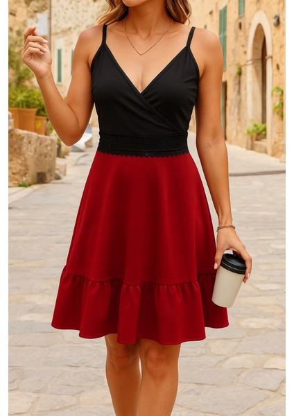 Kadın Ip Askılı Kruvaze Yaka Bel Dantel Ithal Krep Elbise