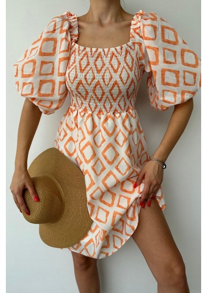 Oranj Kare Desenli Yazlık Elbise modelleri
