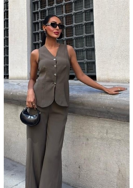 Aesco Arkası Bağcıklı Yelek Plazza Pantolon Modal Takım 10202-08