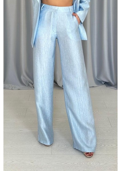 Mavi Beli Kuşaklı Ceket ve Pantolon Parlak Takım fırsatları