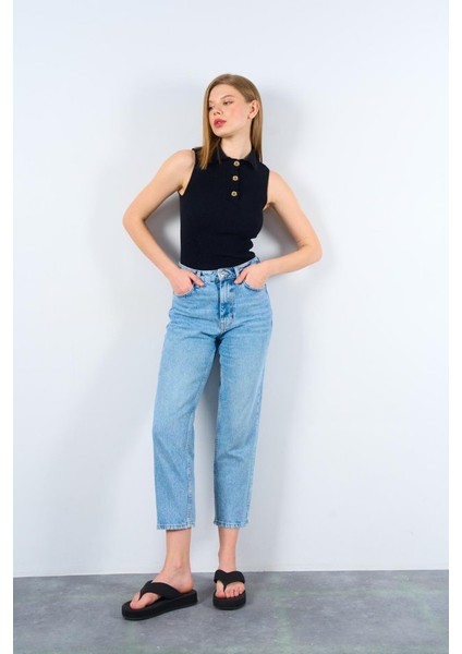 Patlı Düğmeli Triko Atlet - Siyah