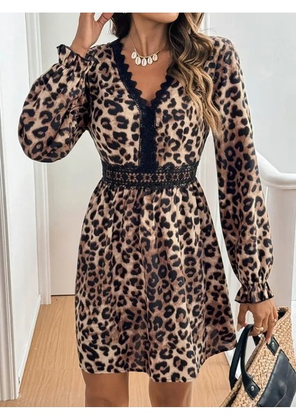 Kadın Uzun Kollu V Dantel Yakalı Leopar Desenli Modal Mini Elbise fiyatları