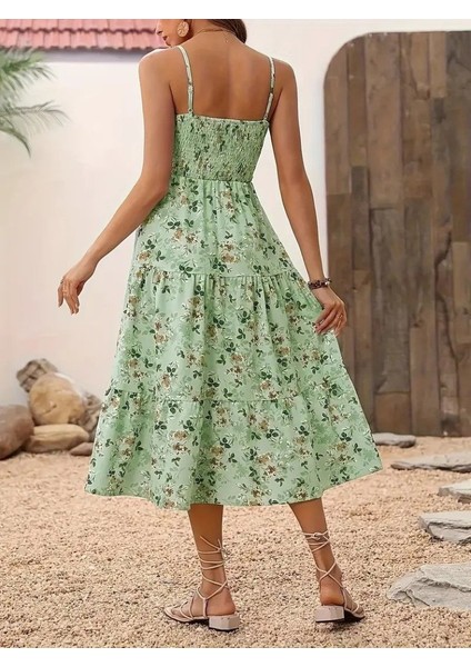 Kadın Ip Askılı Geniş V Yakalı Desenli Uzun Süprem Elbise indirimleri