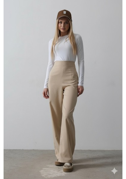 Aesco Beli Yarım Lastikli Palazzo Pantolon - Camel