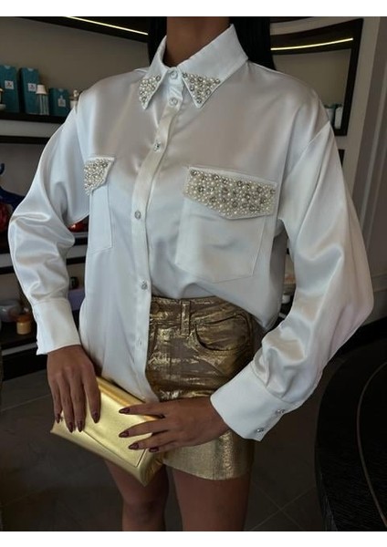 Yaka ve Cep Inci Taşlı Saten Gömlek 3423
