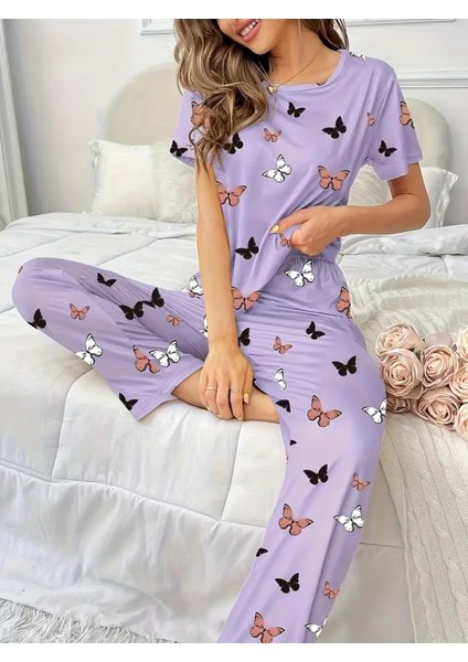 Kadın Kısa Kollu Bisiklet Yaka Kelebek Baskılı Süprem Ikili Takım indirimleri