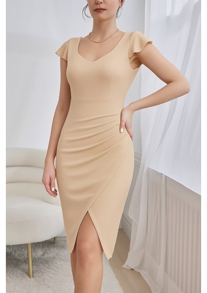 Kadın Kısa Kollu Kalp Yaka Yanlardan Büzgü Detay Midi Ithal Krep Elbise