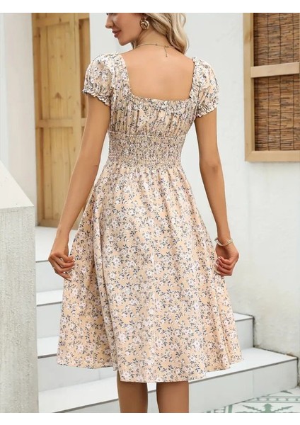Kadın Kısa Kollu Kruvaze Yaka Lastikli Belden Gipeli Çiçek Desenli Suprem Elbise