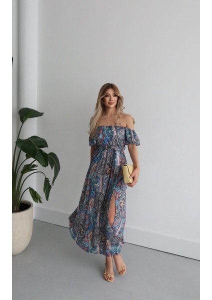 Kadın Kısa Kollu Madonna Yaka Fırfırlı Belden Yırtmaçlı Maksi Süprem Elbise