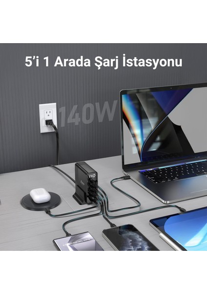 140W Gan Pd 3.1 Masaüstü Hızlı Şarj Cihazı 3 Type-C + 2 Usb-A iPhone & MacBook & Laptop Uyumlu Şarj Aleti modelleri