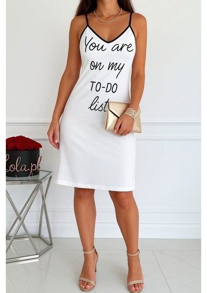 Kadın Kolsuz Askılı Sırt Çapraz Detay To Do List Baskı Süprem Gecelik Elbise