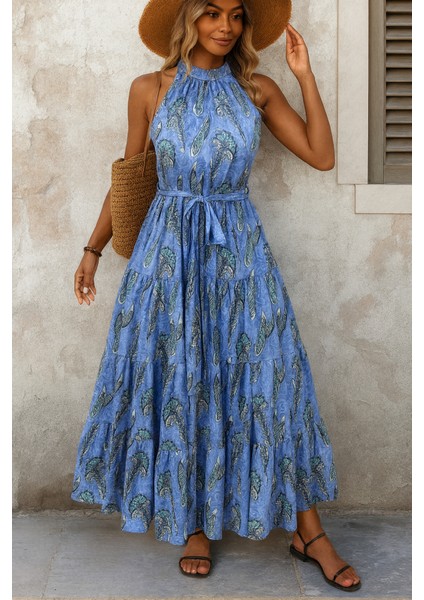 Kadın Omuzlardan Açık Boyundan Geçmeli Desenli Süprem Bluz