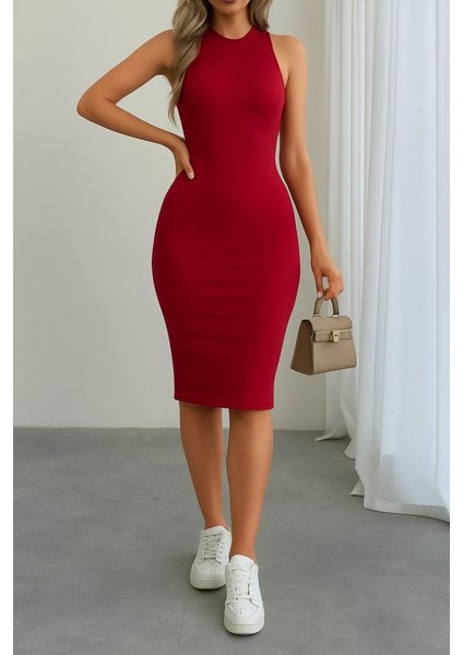 Kadın Omuzlardan Açık Bisiklet Yaka Janjan Krep Elbise