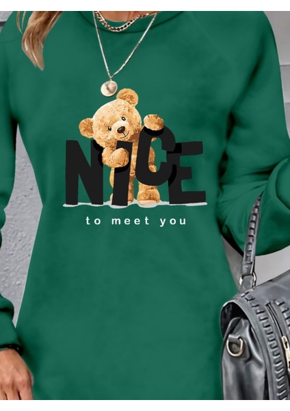 Kadın Uzun Kollu Bisiklet Yaka Ayı Desenli Viskon Iki Iplik Elbise