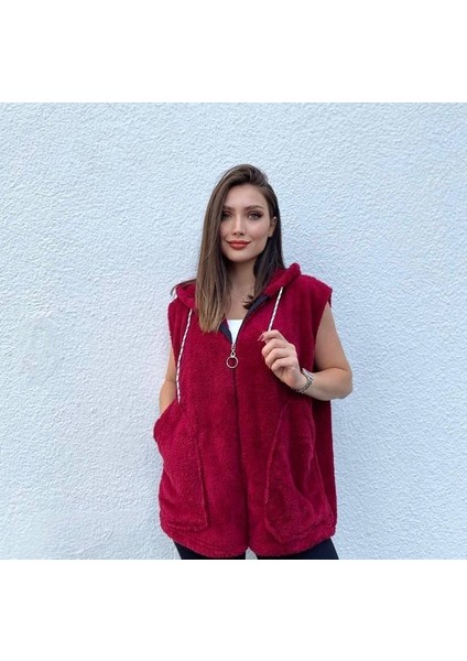 Aesco Kadın Kapüşon ve Fermuar Detay Welsoft Kolsuz Yelek