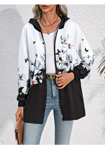 Kadın Uzun Kollu Kapşonlu Fermuarlı Çiçek-Kelebek Desenli Şardonlu Dalgıç Ceket modelleri