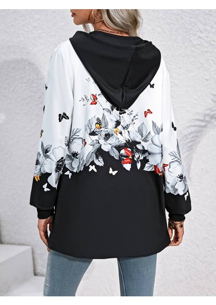 Kadın Uzun Kollu Kapşonlu Fermuarlı Çiçek-Kelebek Desenli Şardonlu Dalgıç Ceket fırsatları