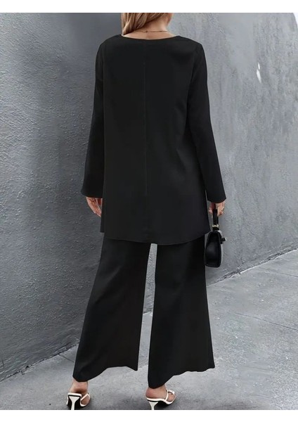 Kadın Uzun Kollu Asimetrik Detaylı Salaş Sandy Bluz ve Pantolon Ikili Takım fiyatları