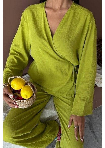 Kruvaze Model Klasik Pantolonlu Çupra Keten Takım 10191