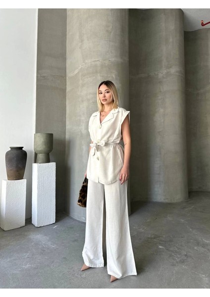 Keten Sıfır Kol Kuşaklı Ceket Pantolon Ikili Takım - Beyaz fırsatları
