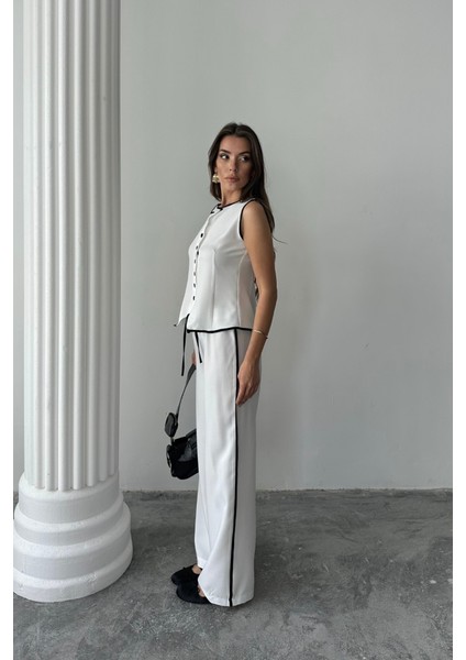 Aesco Keten Kenarları Biyeli Yelek - Pantolon Takım - Beyaz modelleri