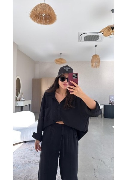 Kadın Flamlı Keten Tek Cep Oversızed Gömlek