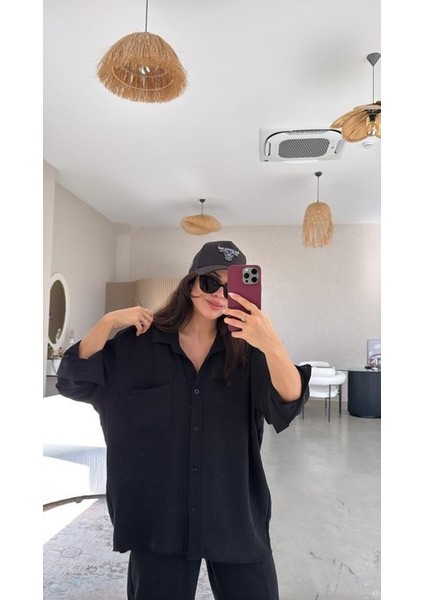 Kadın Flamlı Keten Tek Cep Oversızed Gömlek fiyatları