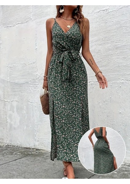 Kadın Ip Askılı Kruvaze Yakalı Yırtmaçlı Uzun Desenli Kuşaklı Süprem Elbise indirimleri