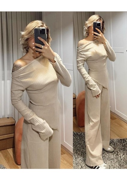 Kadın Uzun Kollu Omuzlardan Açık Asimetrik Kesim Kaşkorse Bluz ve Pantolon Ikili Pantolon