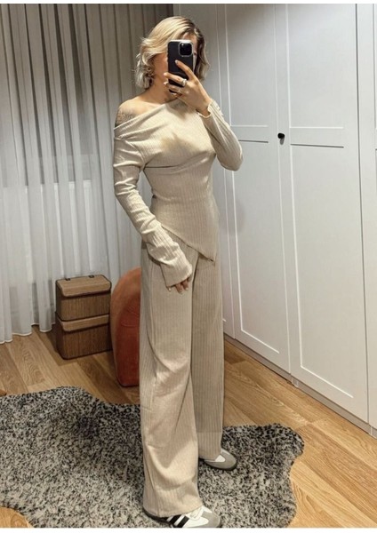 Kadın Uzun Kollu Omuzlardan Açık Asimetrik Kesim Kaşkorse Bluz ve Pantolon Ikili Pantolon fırsatları